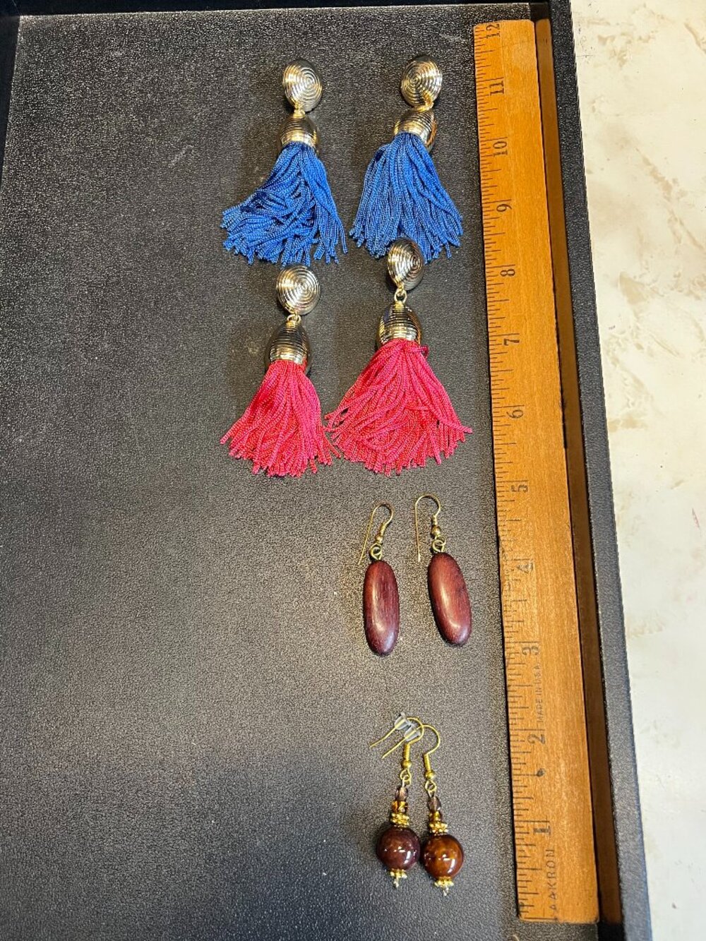 4 Pairs, Goldtone Dangle Earrings, 2 Tassels, 1 Wood, 1 Beaded